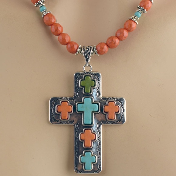 Multi-colored Turquoise Cross Necklace Set - Picture 4 of 4
